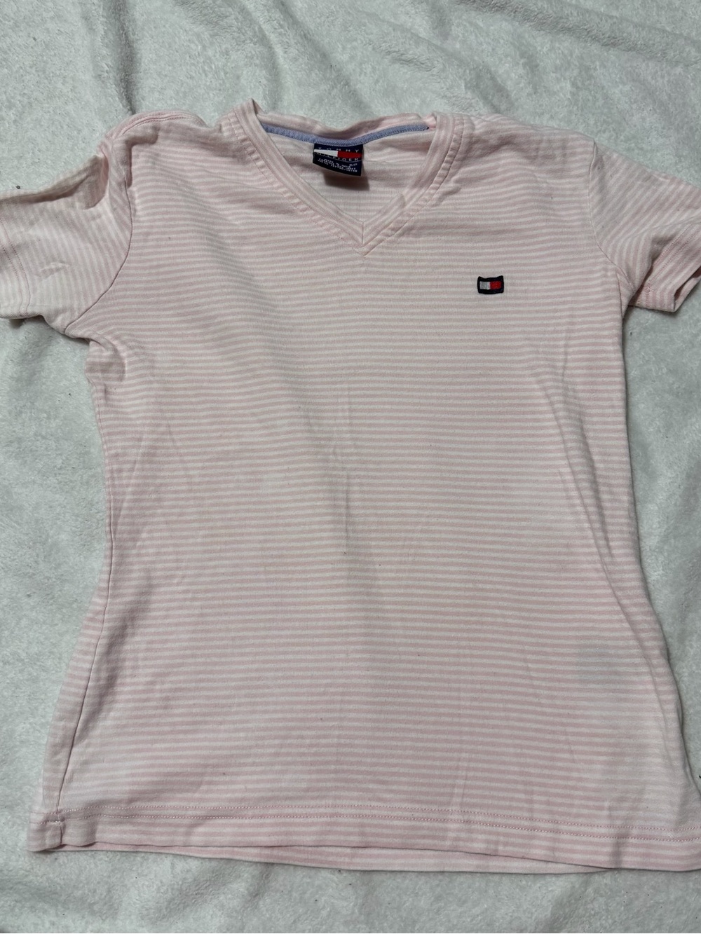 Vintage Tommy Hilfiger Light Pink & White Striped V-Neck Tee